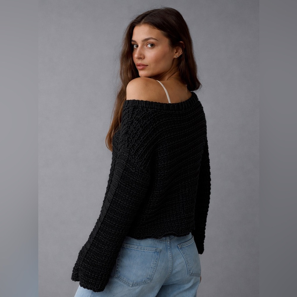 American Eagle Bell Sleeve Open Knit Ballet Neck Black Crochet Sweater, XL - Picture 3 of 10